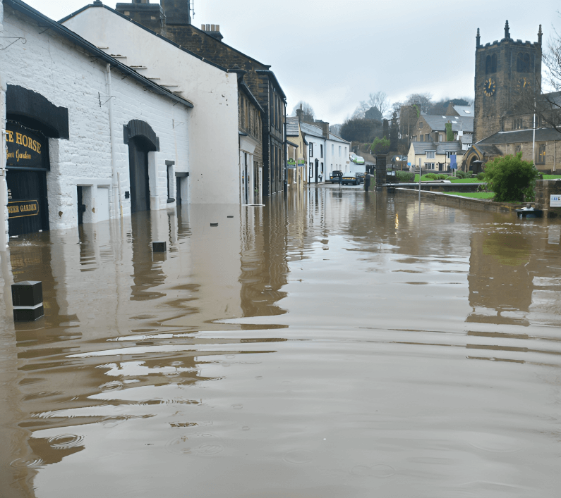 A flooded street with houses and buildings in the background.